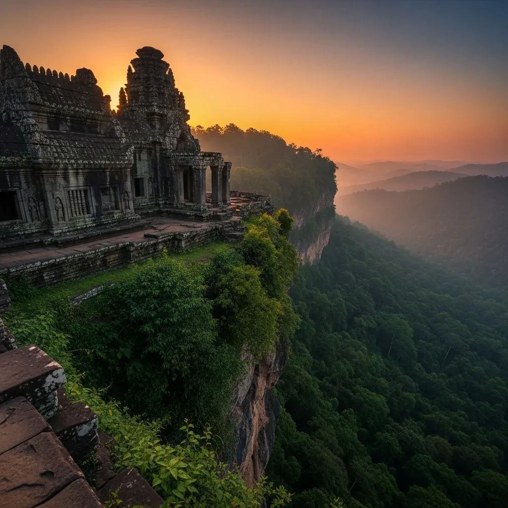 Panoramic view of an ancient temple ruin atop a cliff overlooking a forested border ridge