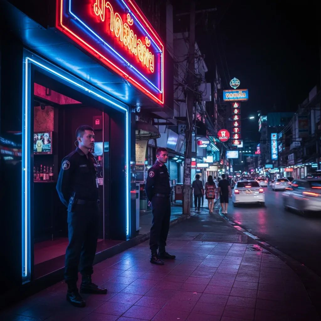 Security guards in black uniforms standing outside a neon-lit bar entrance on a Pattaya street at night