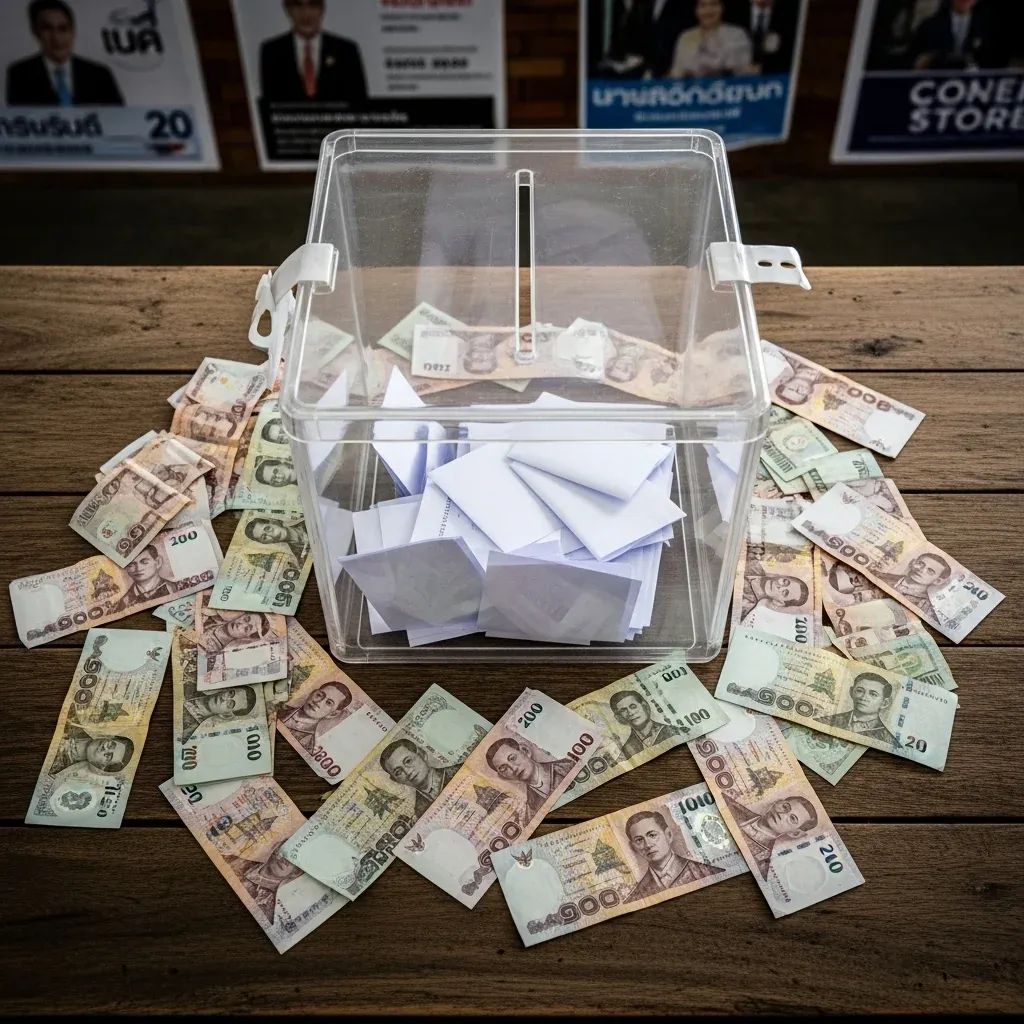 Clear ballot box on wooden table amid scattered Thai baht banknotes