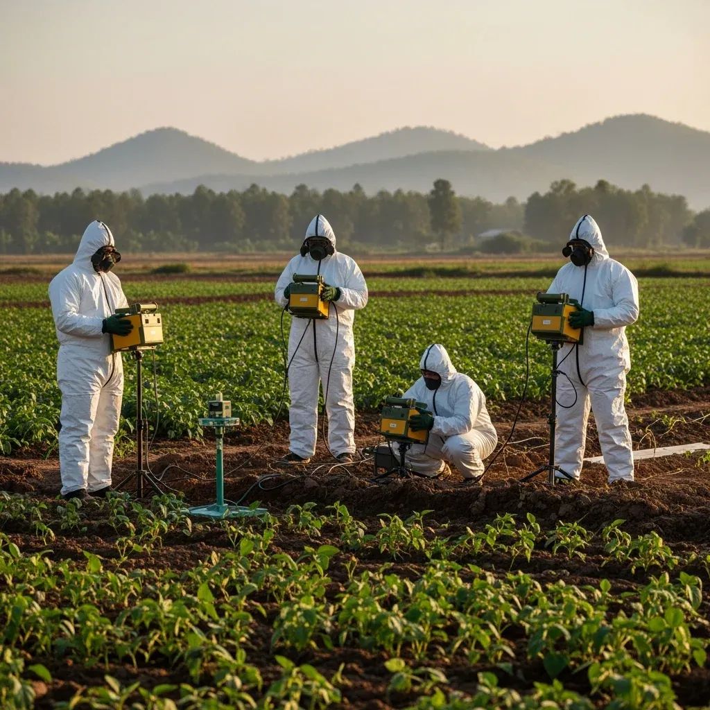 Demining team in protective gear scanning farmland along Thailand-Cambodia border