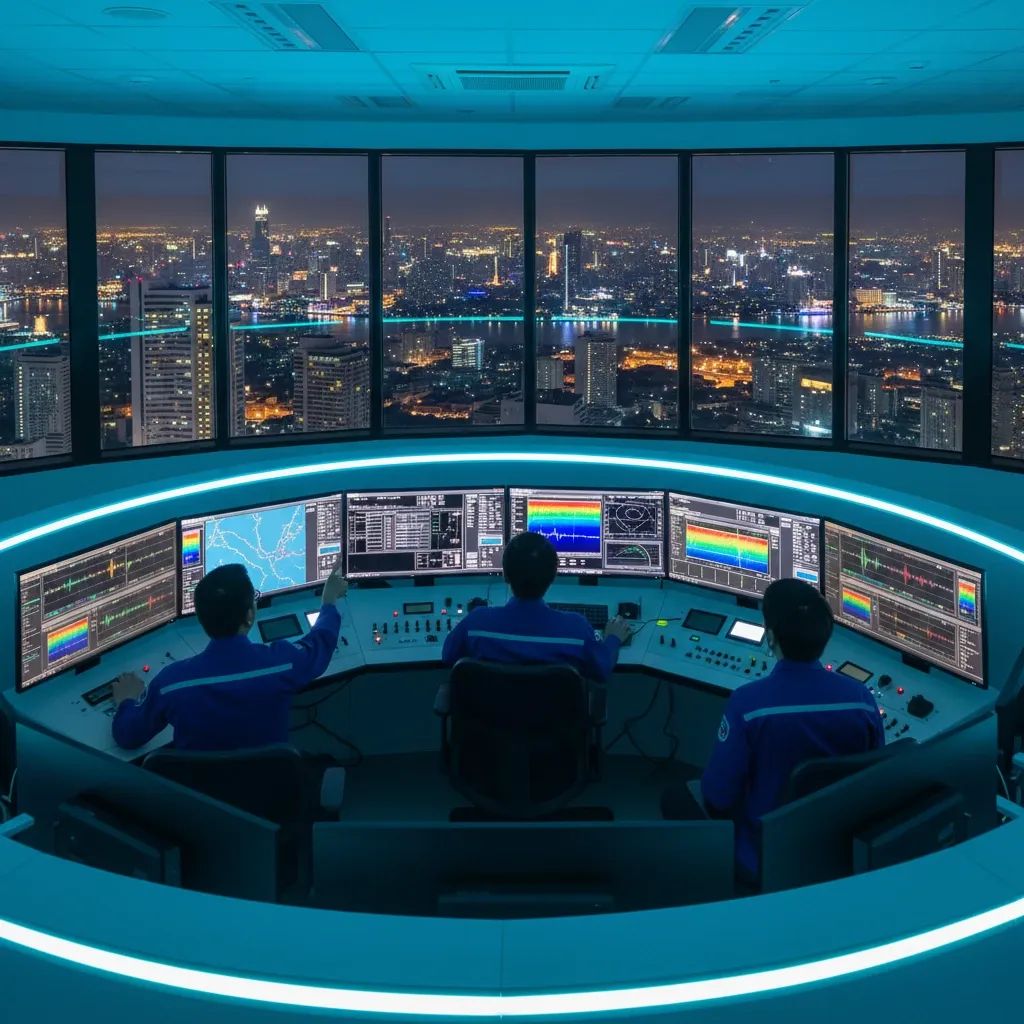 Seismic monitoring center with technicians observing earthquake detection systems and data displays