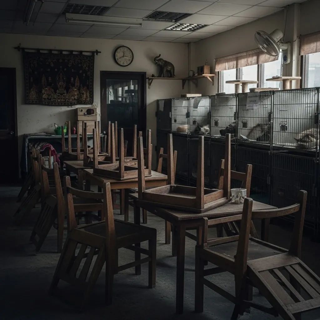 Interior of an abandoned cat café with rows of cages holding rescued cats