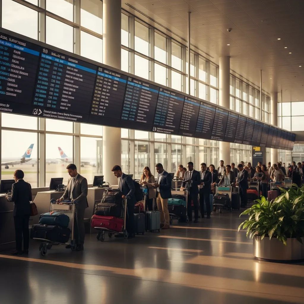 Airport departure hall with travelers and flight information boards during holiday travel season