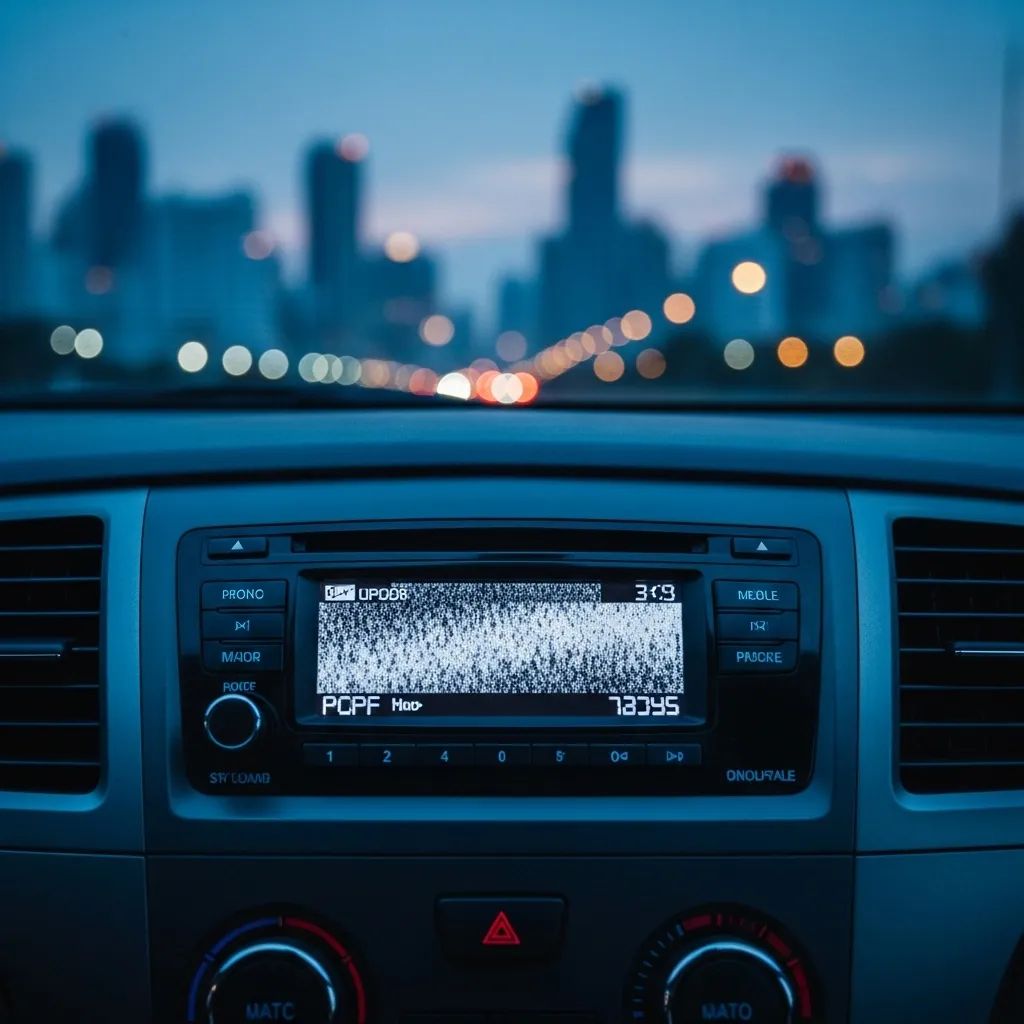 Car dashboard radio tuner displaying static noise against blurred Bangkok skyline at dusk