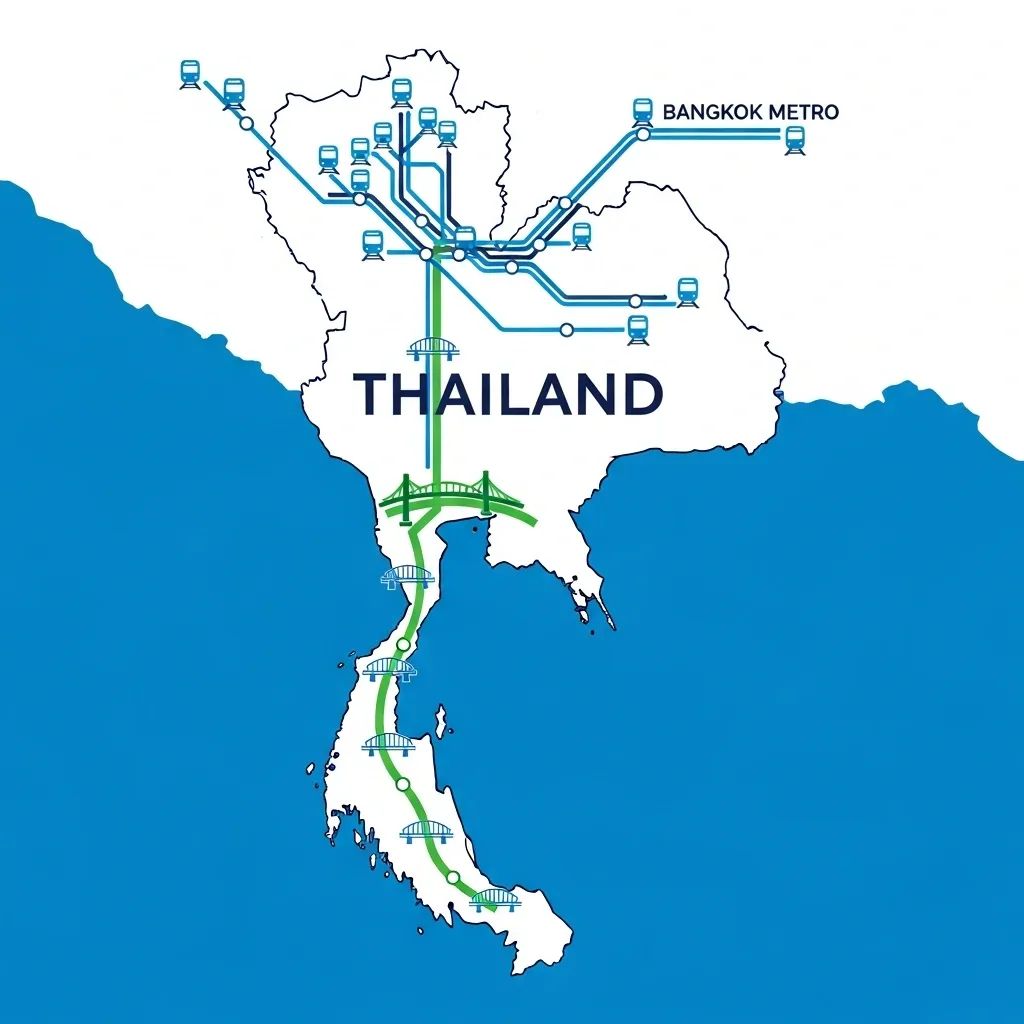 Infographic map of Thailand showing Bangkok metro lines and proposed Andaman-Gulf land bridge route