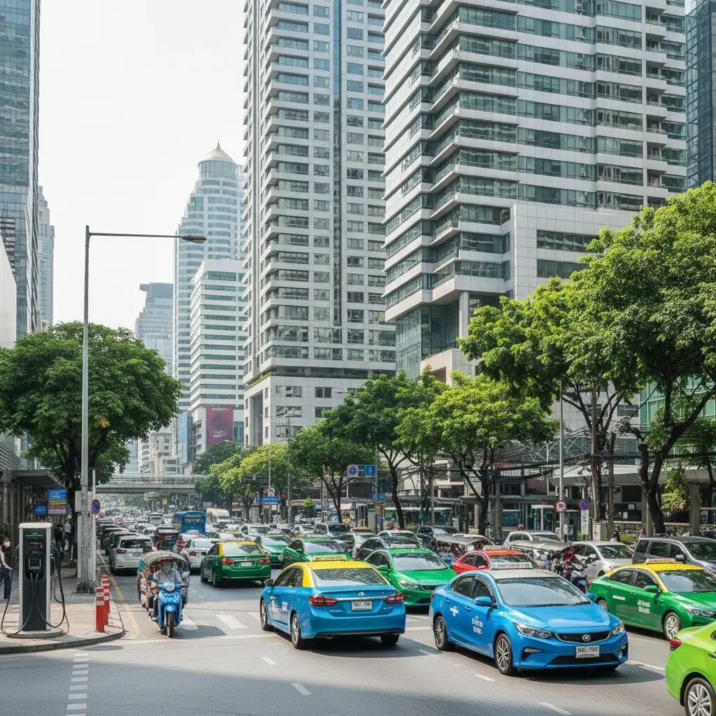 Bangkok street scene showing electric and traditional vehicles on modern urban road with charging infrastructure visible
