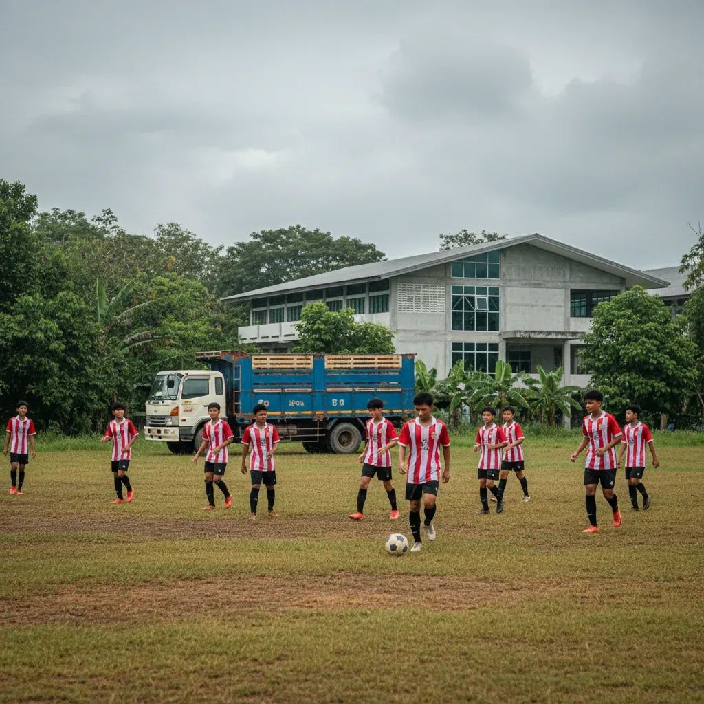 Young athletes training on school football field with cargo truck in background, representing provincial youth football program in Thailand