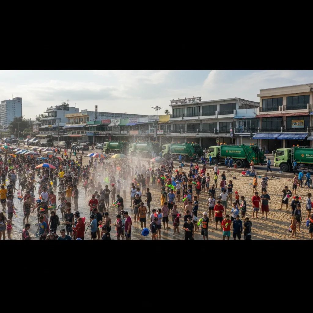 Crowded Pattaya beach during Songkran festival with reduced dining establishment activity visible