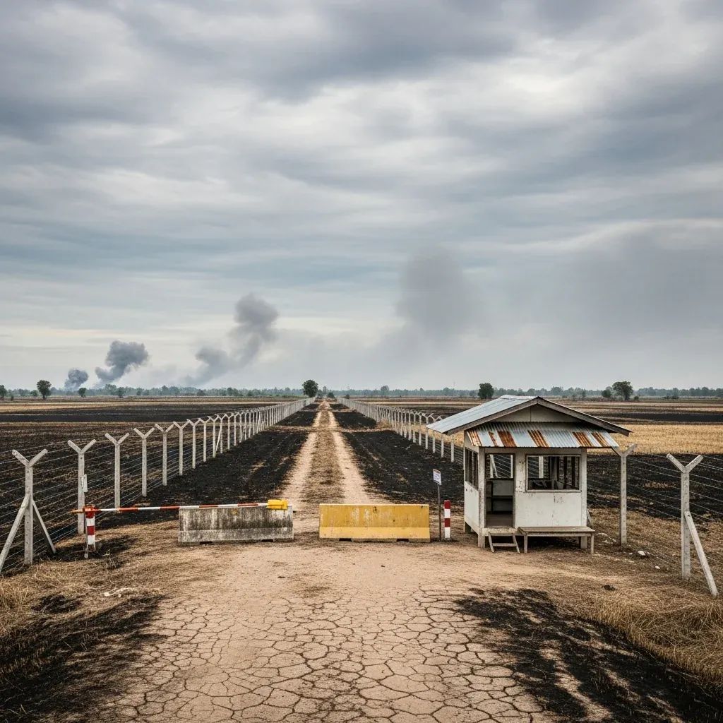 Charred Thai border checkpoint and burned rice fields with smoke rising after artillery shelling