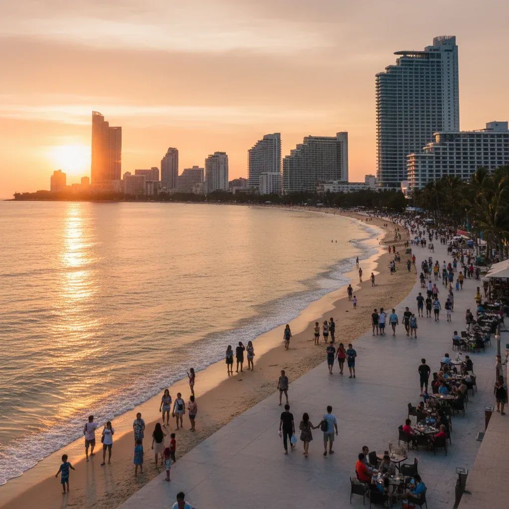 Pattaya coastline with beachfront buildings and diverse visitors enjoying the waterfront setting