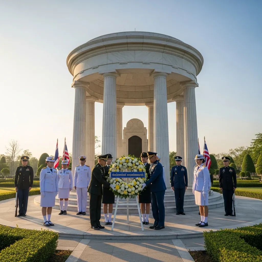 Thai and US military officers placing a wreath at Bangkok’s National Memorial during a ceremony