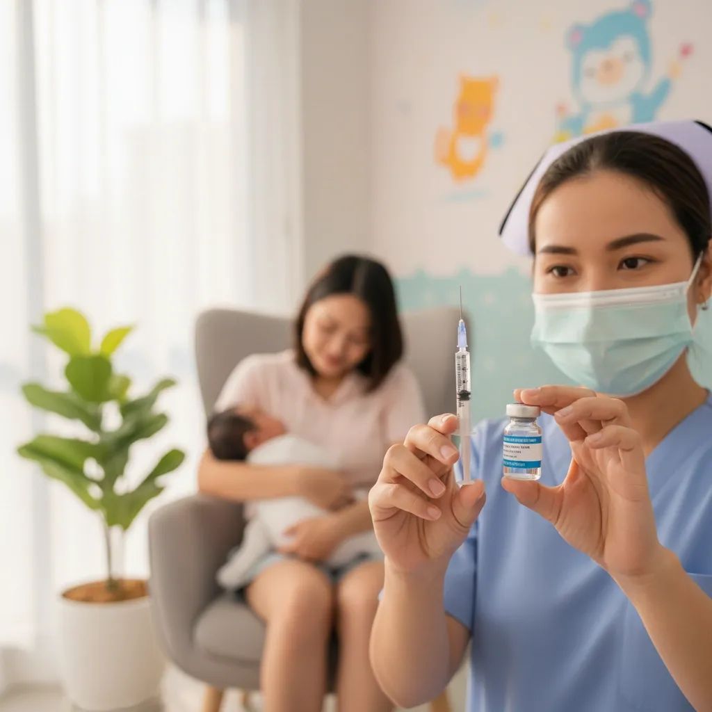 Thai nurse prepares pneumonia vaccine syringe at a pediatric clinic, mother with infant waiting in background