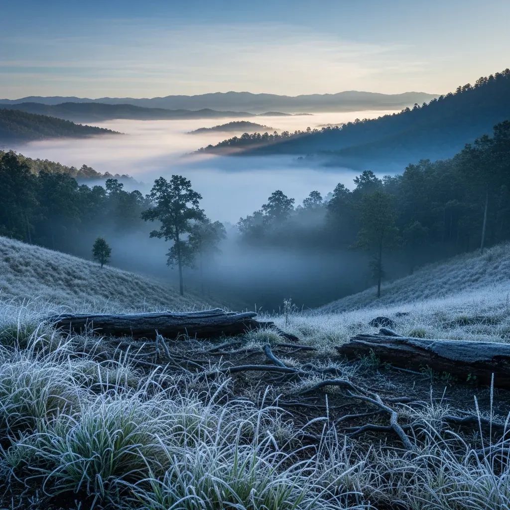 Misty northern Thailand valley at dawn with light frost on grasses and rising wood-smoke haze