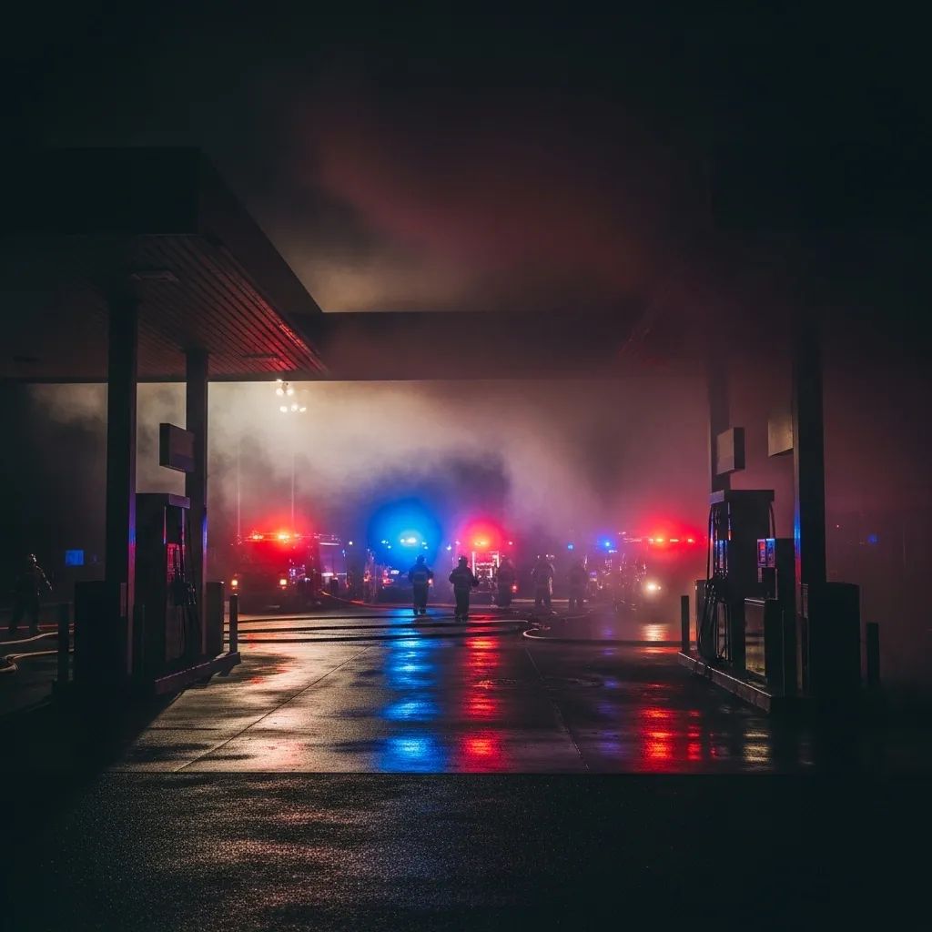 Nighttime petrol station engulfed in smoke with emergency responders after blasts