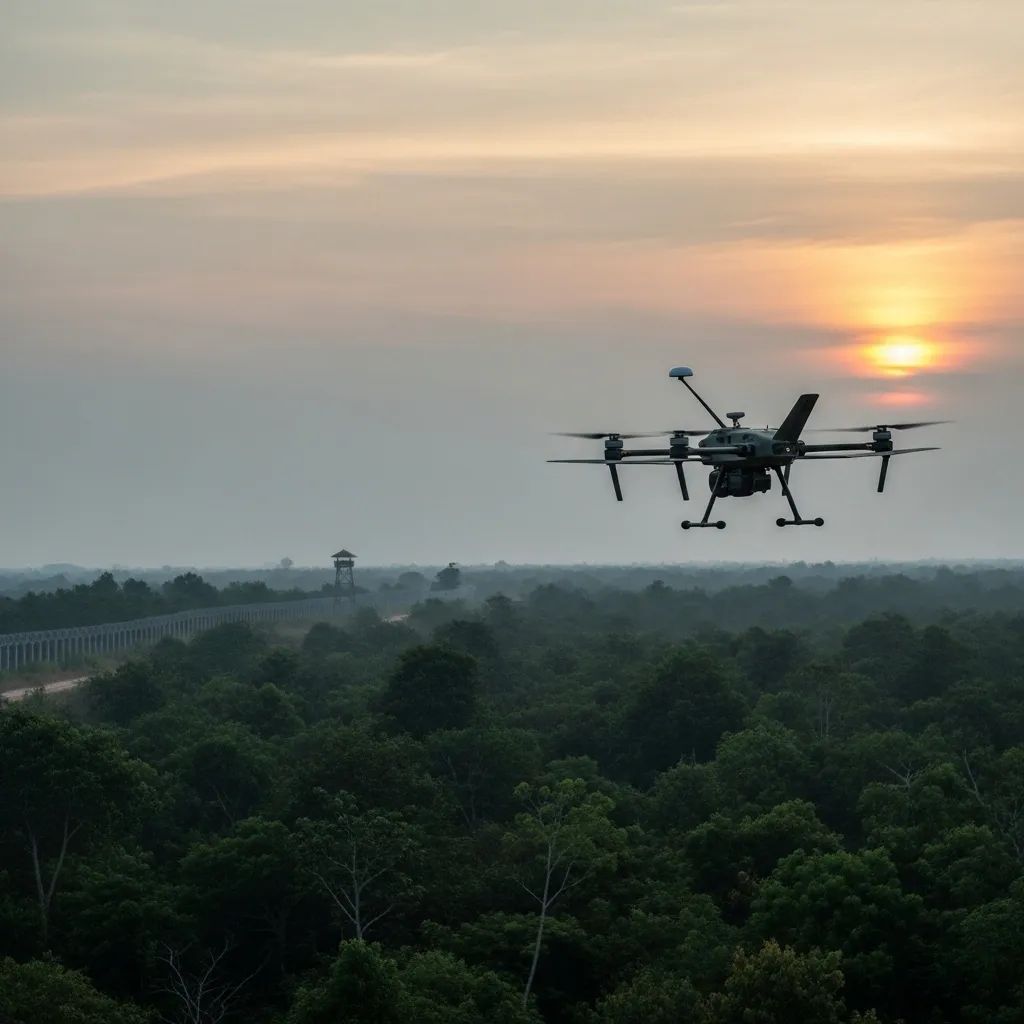 Military-grade FPV drone flying over forested Thailand-Cambodia border at dusk