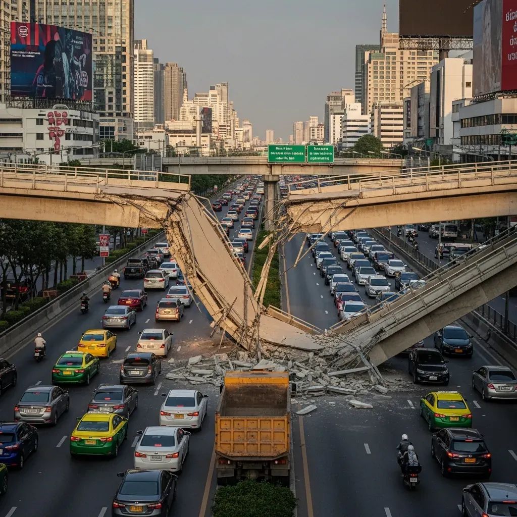 Collapsed pedestrian footbridge sliced by dump truck blocking traffic on Bang Na-Trat Road
