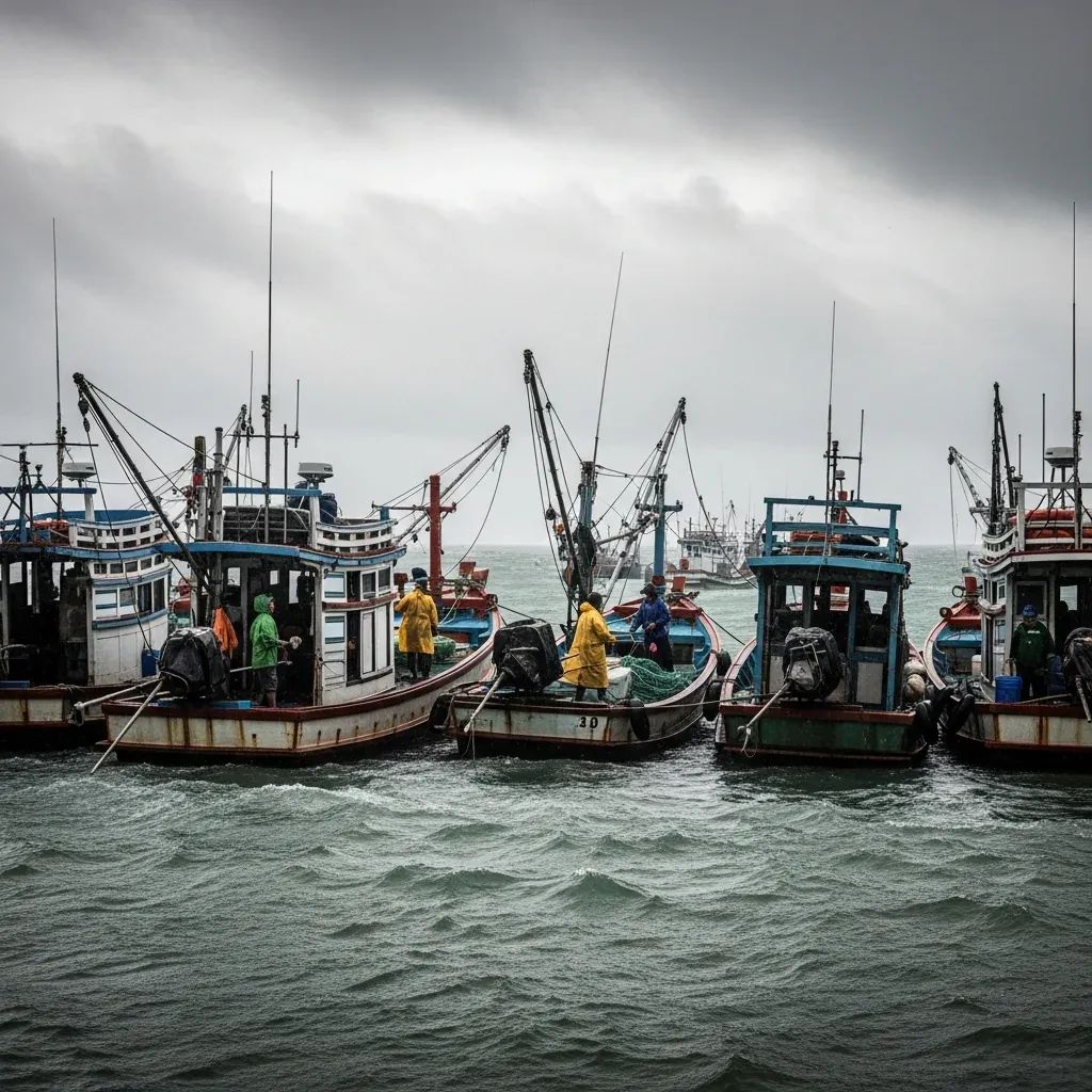 Fishermen securing small boats at a stormy Thai harbor with choppy Gulf waves