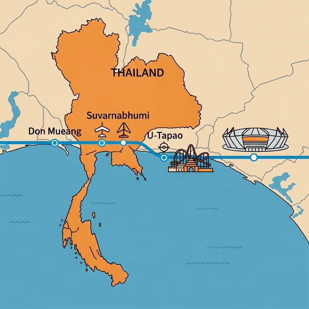 Infographic map of Thailand’s east coast highlighting a high-speed rail line with theme park and stadium icons