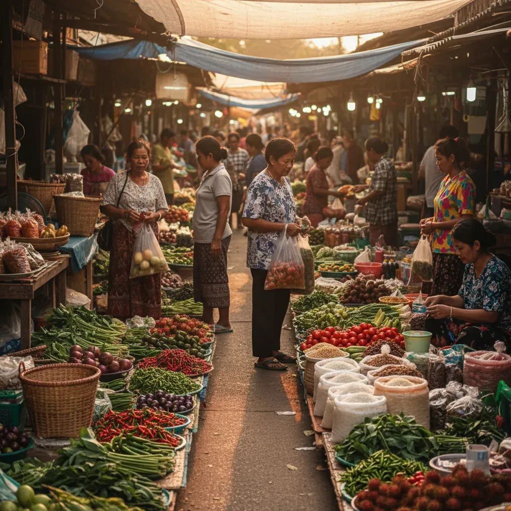 Thai marketplace vendors displaying fresh produce and goods with shoppers browsing in background