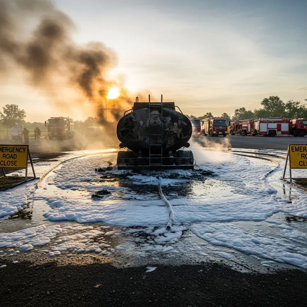 Charred fuel tanker at a rural Thai petrol station with fire engines responding in the background