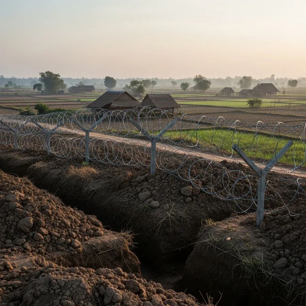 Barbed wire fence and defensive trenches along Thailand–Cambodia border near rural village fields