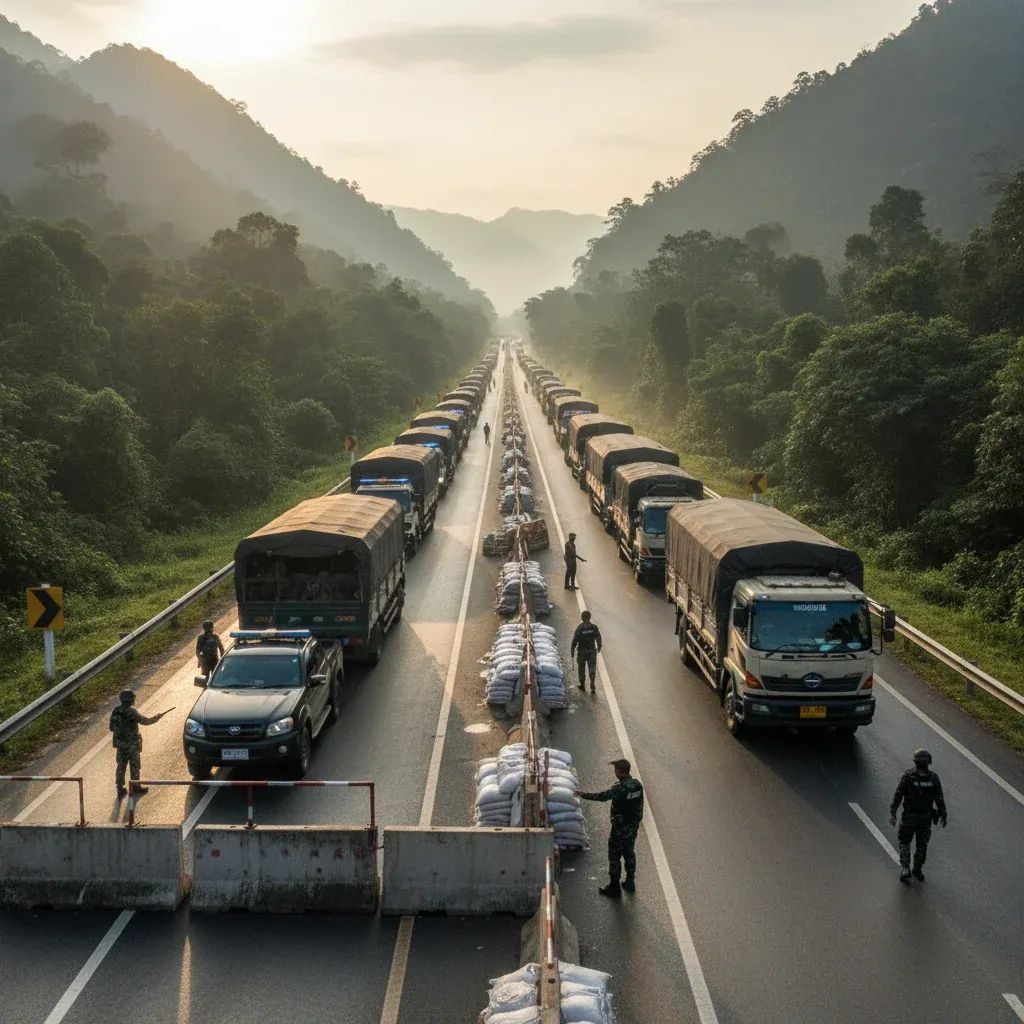 Border checkpoint on Highway 1 with patrol vehicles and cargo trucks at roadblocks in northern Thailand