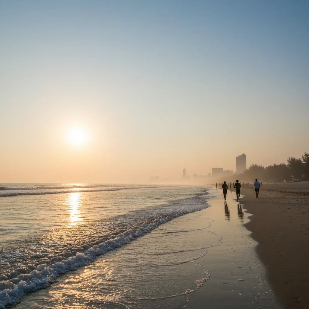 Joggers on Jomtien Beach at sunrise with calm gentle waves and golden morning light
