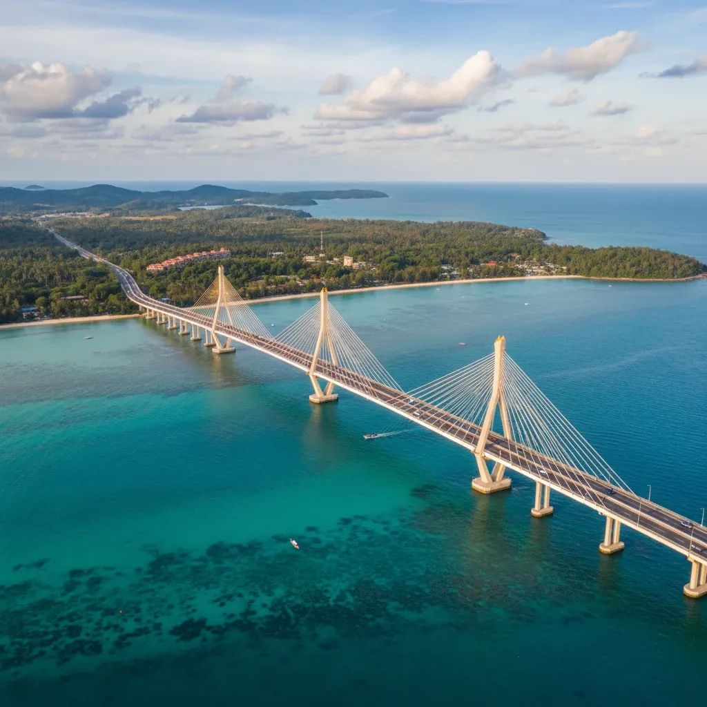 Wide aerial shot of a modern sea bridge reaching toward Koh Samui across turquoise gulf waters