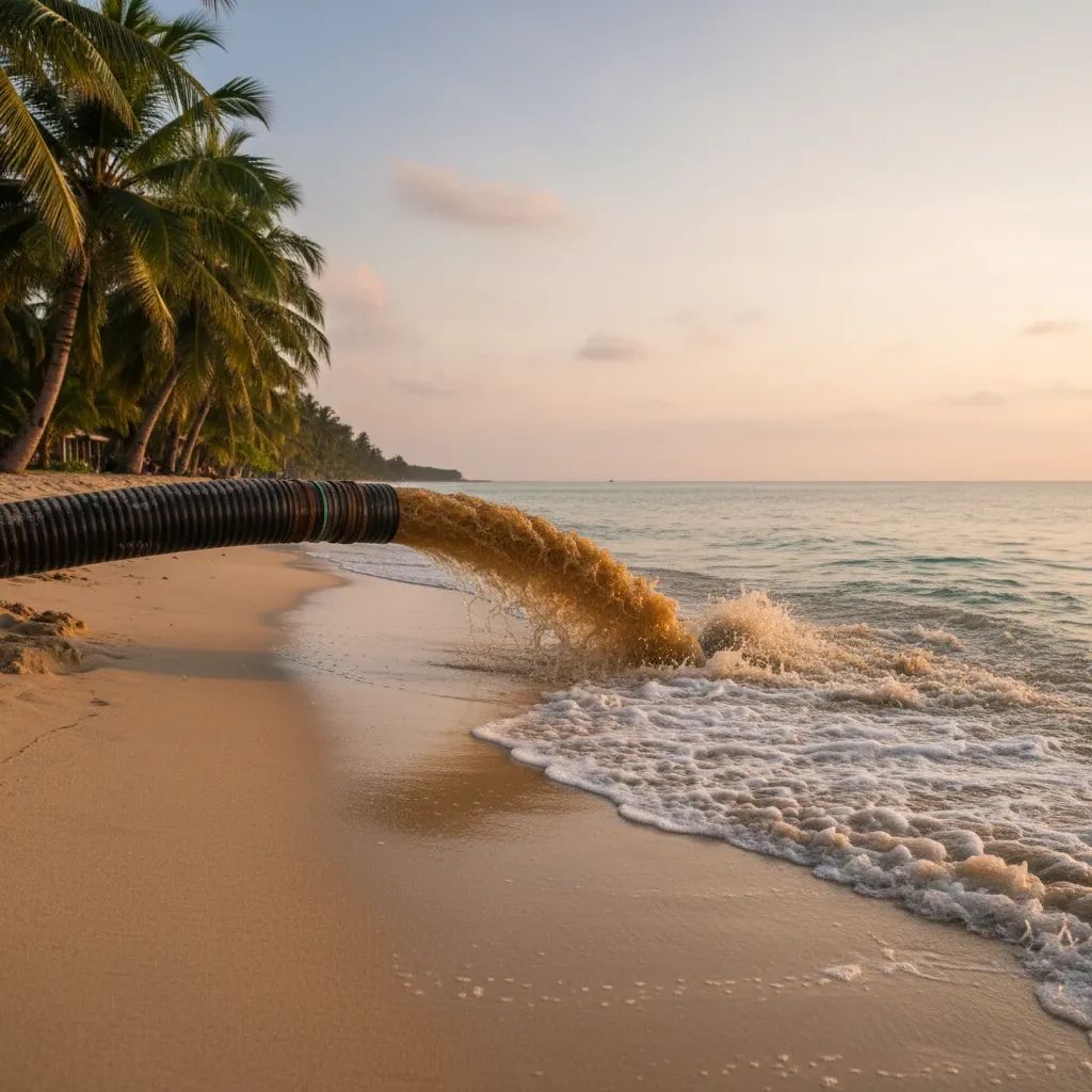 Sediment-laden water discharging from an industrial hose into the sea at Jomtien beach