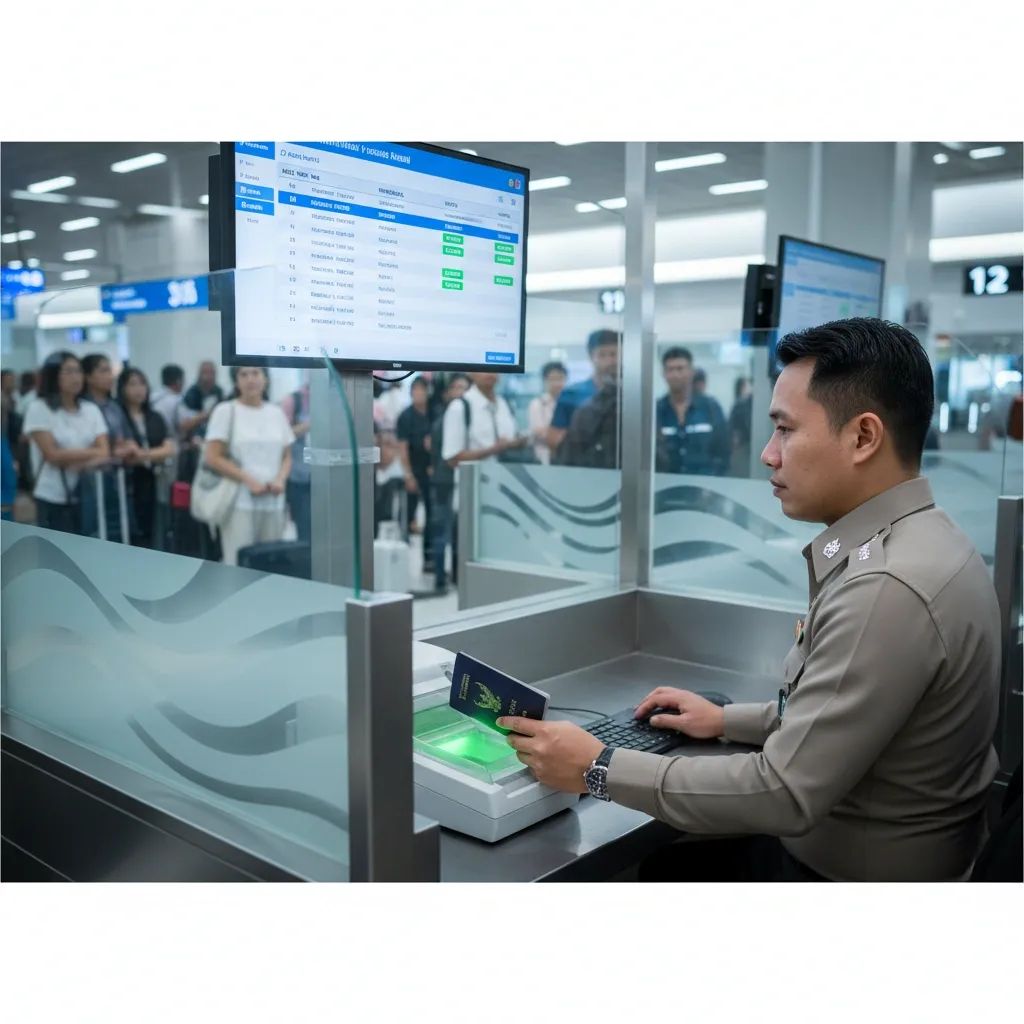 Thai immigration officer scanning a passport at an airport checkpoint with digital arrival data visible