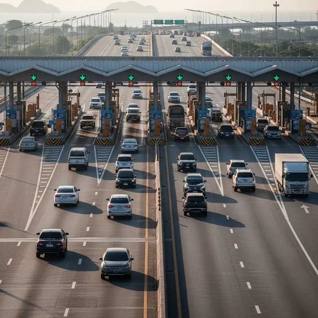 Cars and trucks passing through an open toll plaza on a Thailand expressway