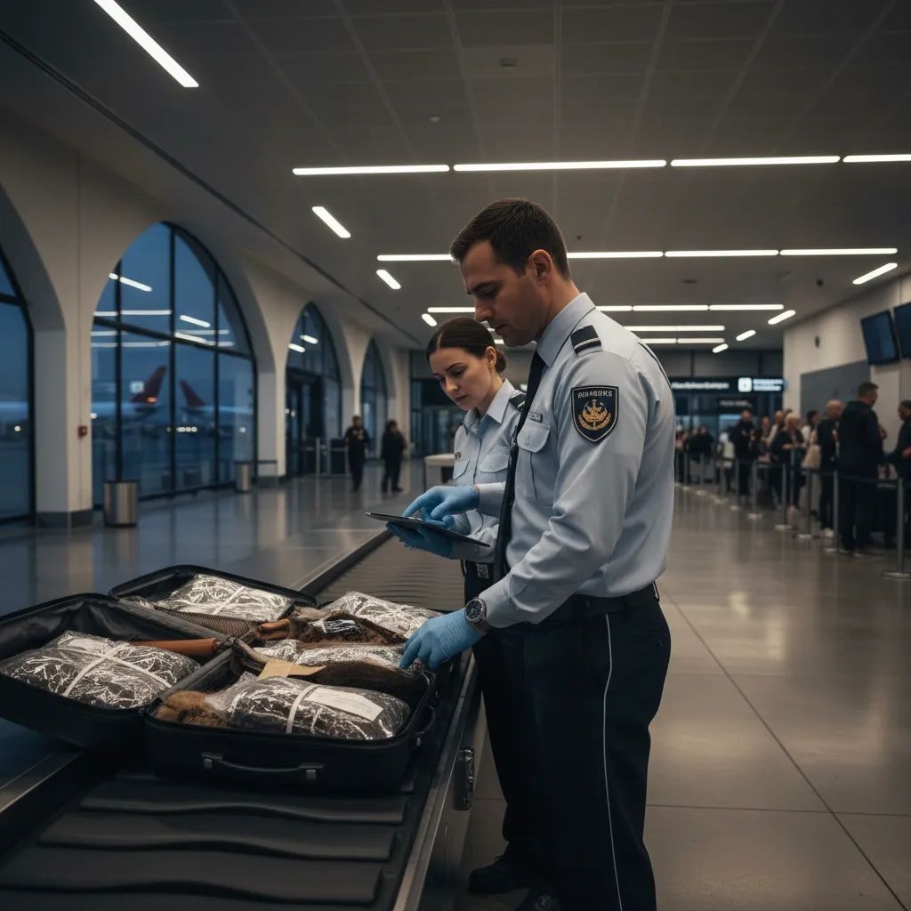 Airport customs officer inspecting baggage at international terminal security checkpoint