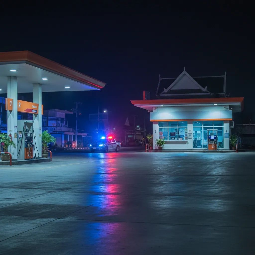 Nighttime Pattaya petrol station kiosk illuminated by police lights after burglary