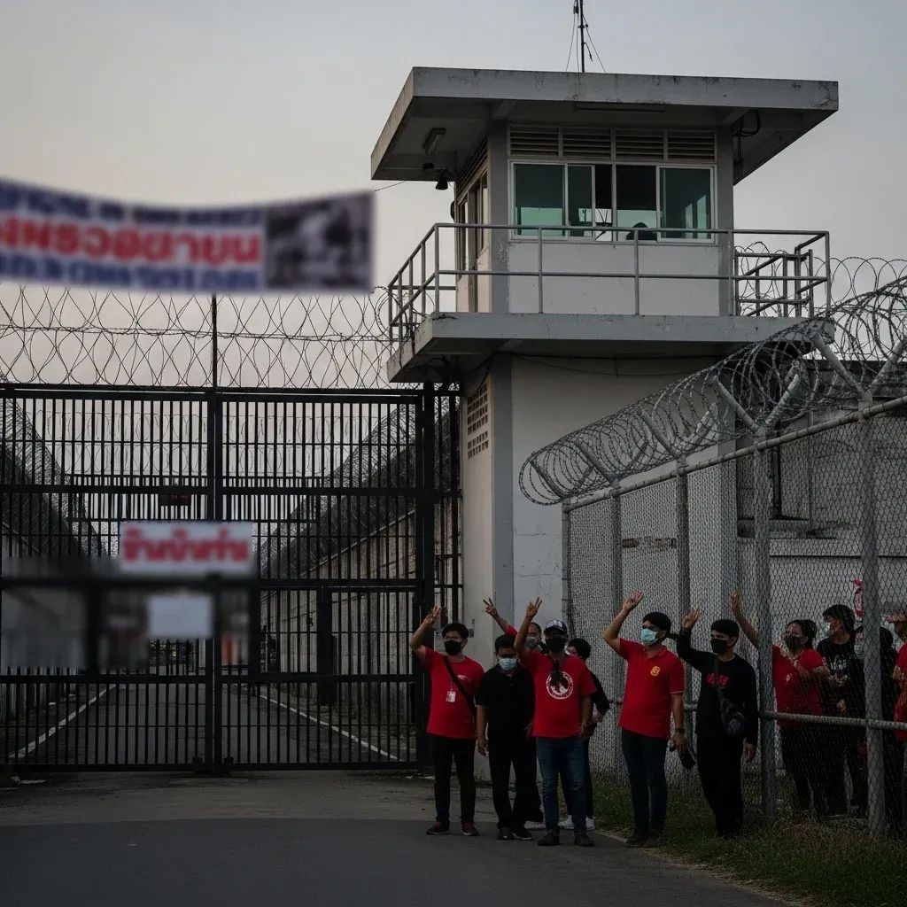Exterior view of a Thai prison gate with red-shirt supporters gathered outside