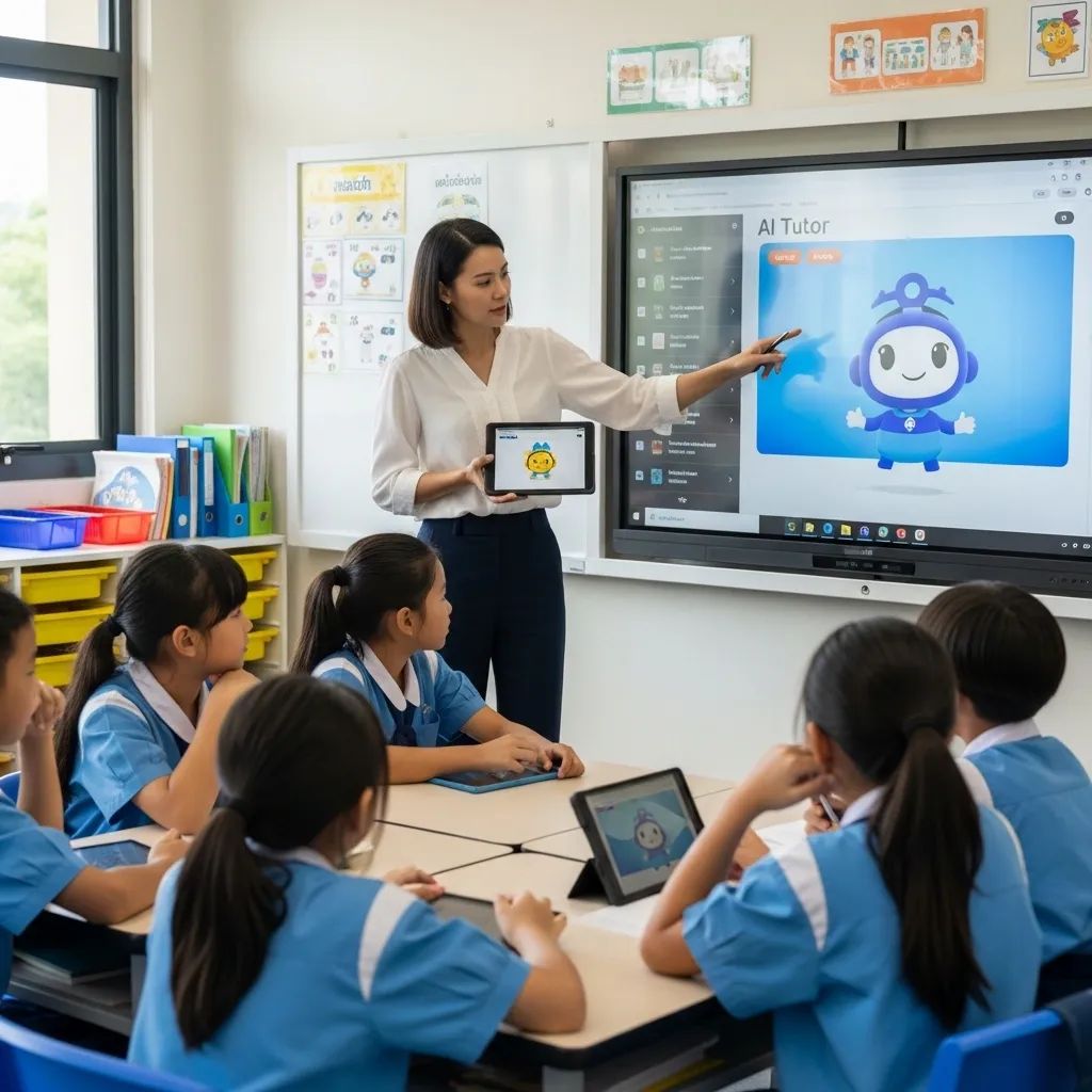 Thai classroom with teacher and students using a tablet for AI-assisted language lesson