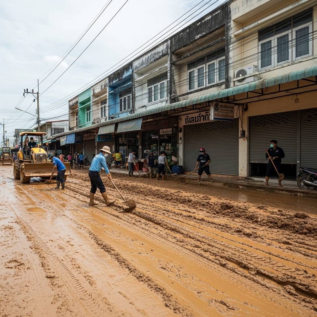 Volunteers and machinery clearing ankle-deep mud from a flooded street in Hat Yai