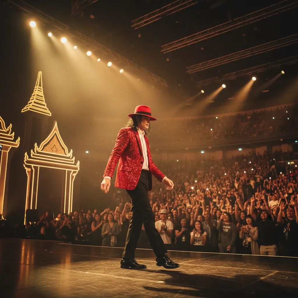 Performer in red jacket and fedora executing moonwalk on stage during Bangkok concert performance