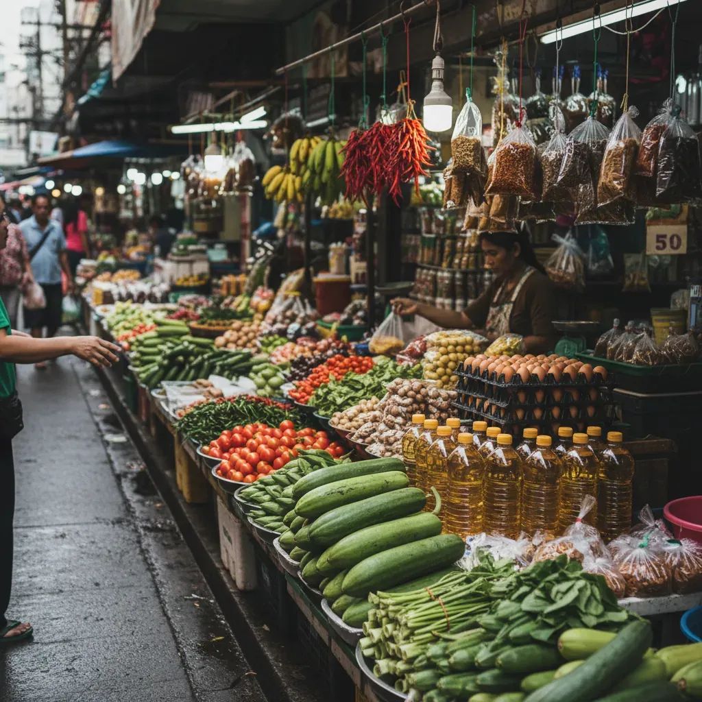Thai street market vendor stall displaying essential goods including fresh produce, eggs, and cooking oil products