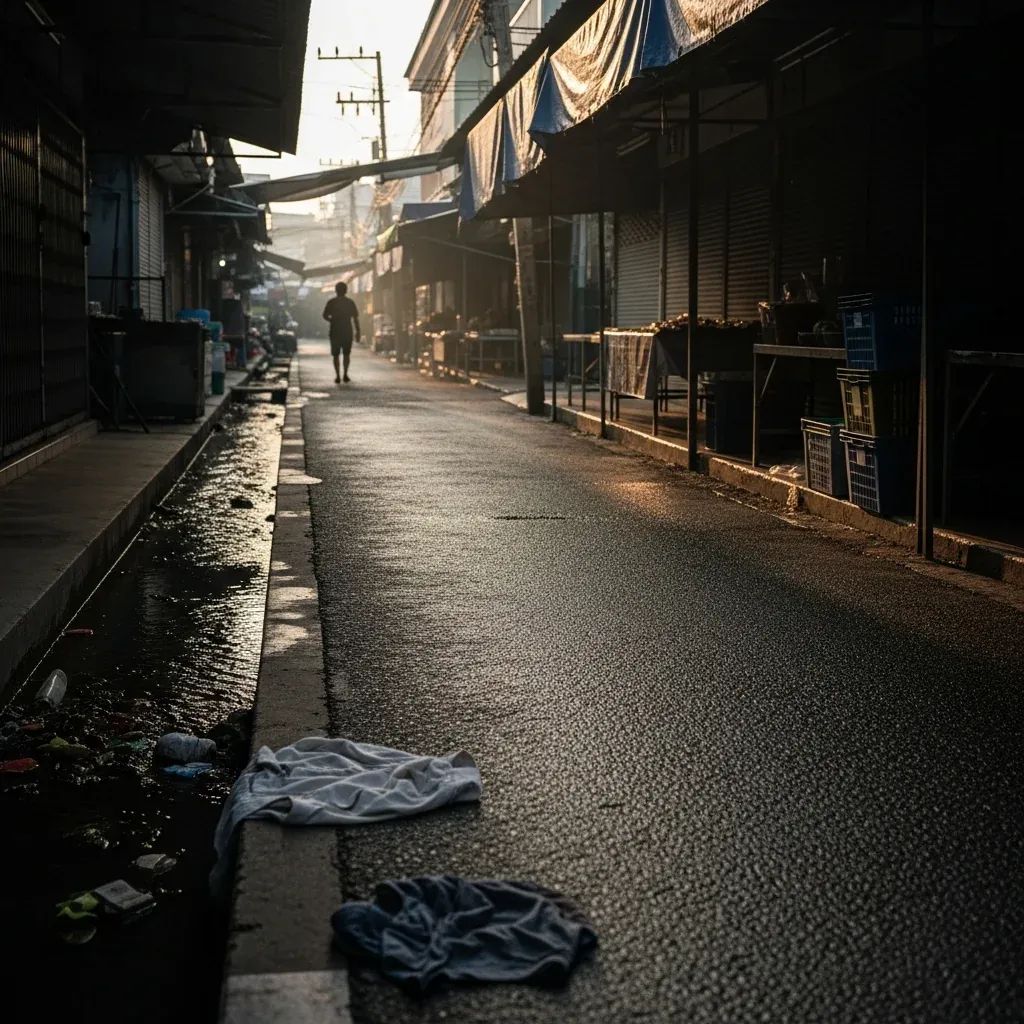 Discarded shirt and shorts by a drainage canal in a quiet Udon Thani alley at dawn