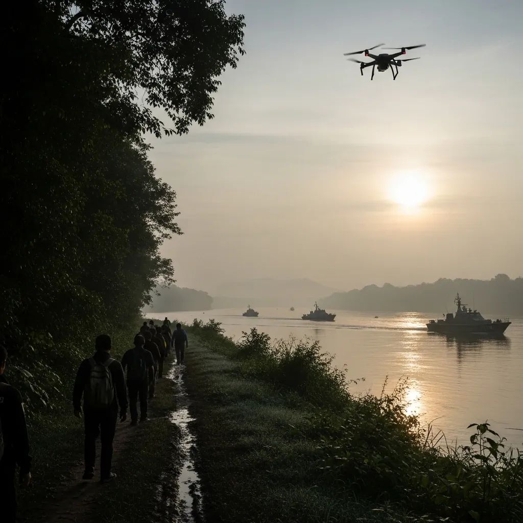 Silhouettes of migrants and Thai naval patrol on a forest border path at dawn near Chanthaburi
