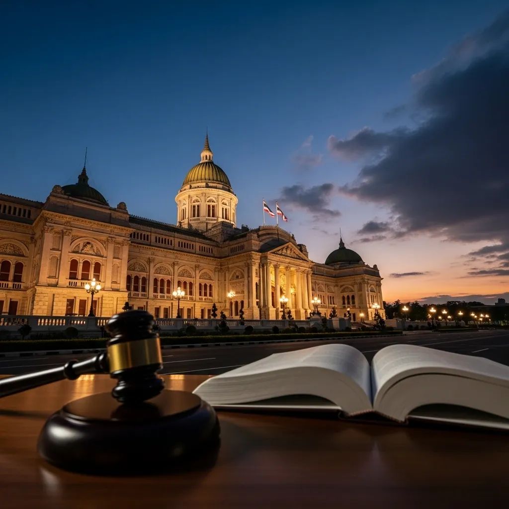 Gavel and law book on a desk with the Thai Parliament building in the background symbolizing the Article 112 debate