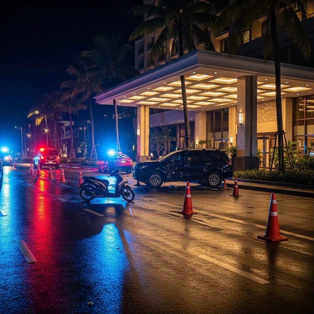 Nighttime accident scene with a tipped motorbike and SUV outside a resort entrance with police cones and flashing lights
