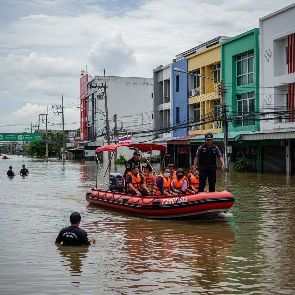 Rescue boat carrying volunteers through flooded Hat Yai street during the evacuation