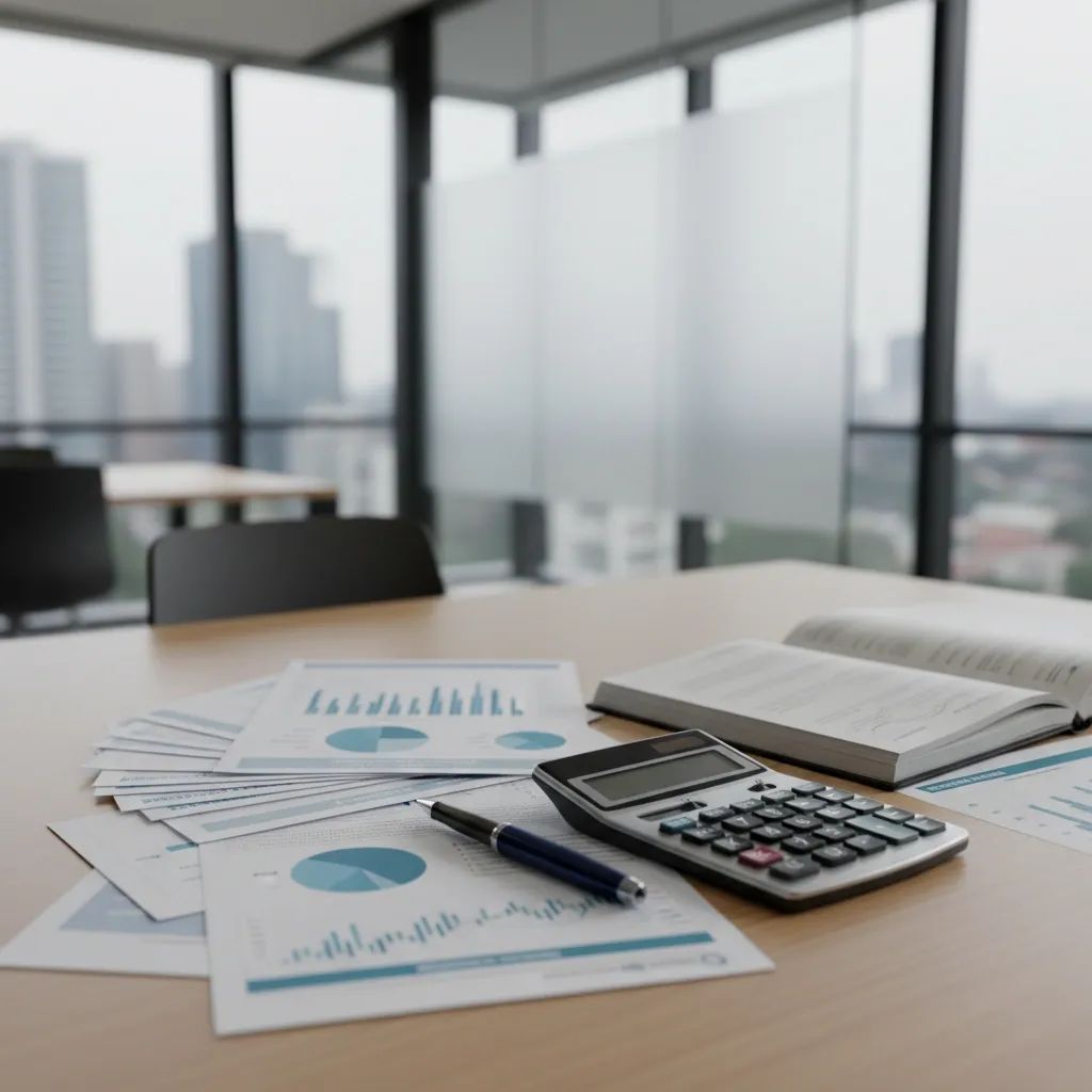 Financial documents and insurance policies on office desk with calculator, representing insurance premium costs and financial planning