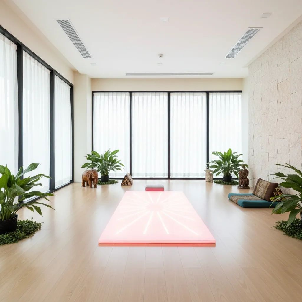 Red-lit PEMF therapy mat in a modern Pattaya wellness studio, illustrating FastTrack stress-relief method