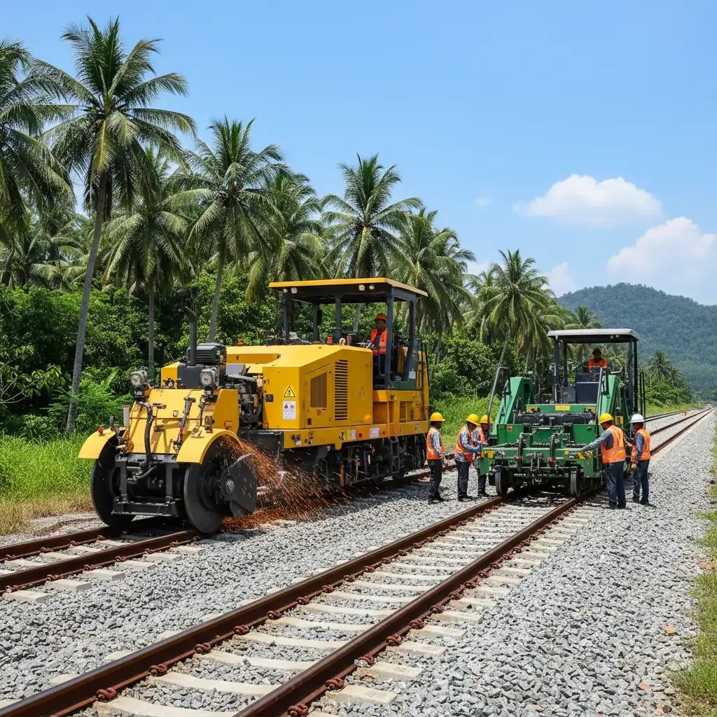 Railway maintenance equipment working on train tracks in Thailand