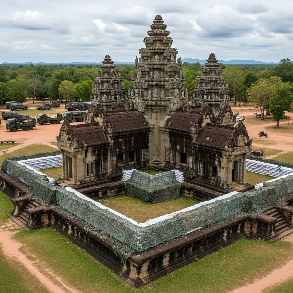 Aerial view of Prasat Ta Kwai temple fortified with sandbag walls and military vehicles nearby