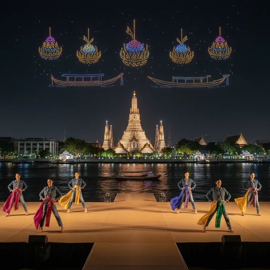 Silhouetted models on a riverside runway with illuminated Wat Arun and drone light show overhead