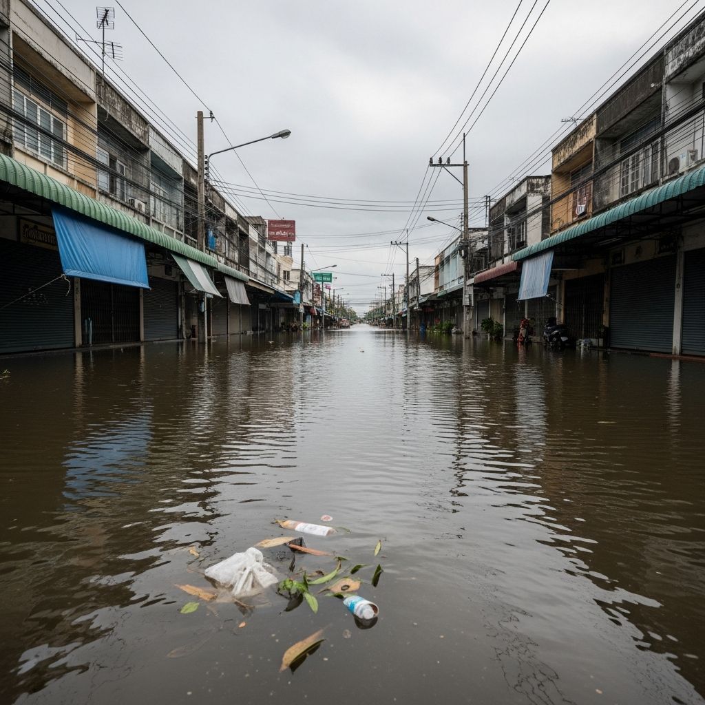 Flooded Hat Yai street with knee-deep water and submerged shopfronts