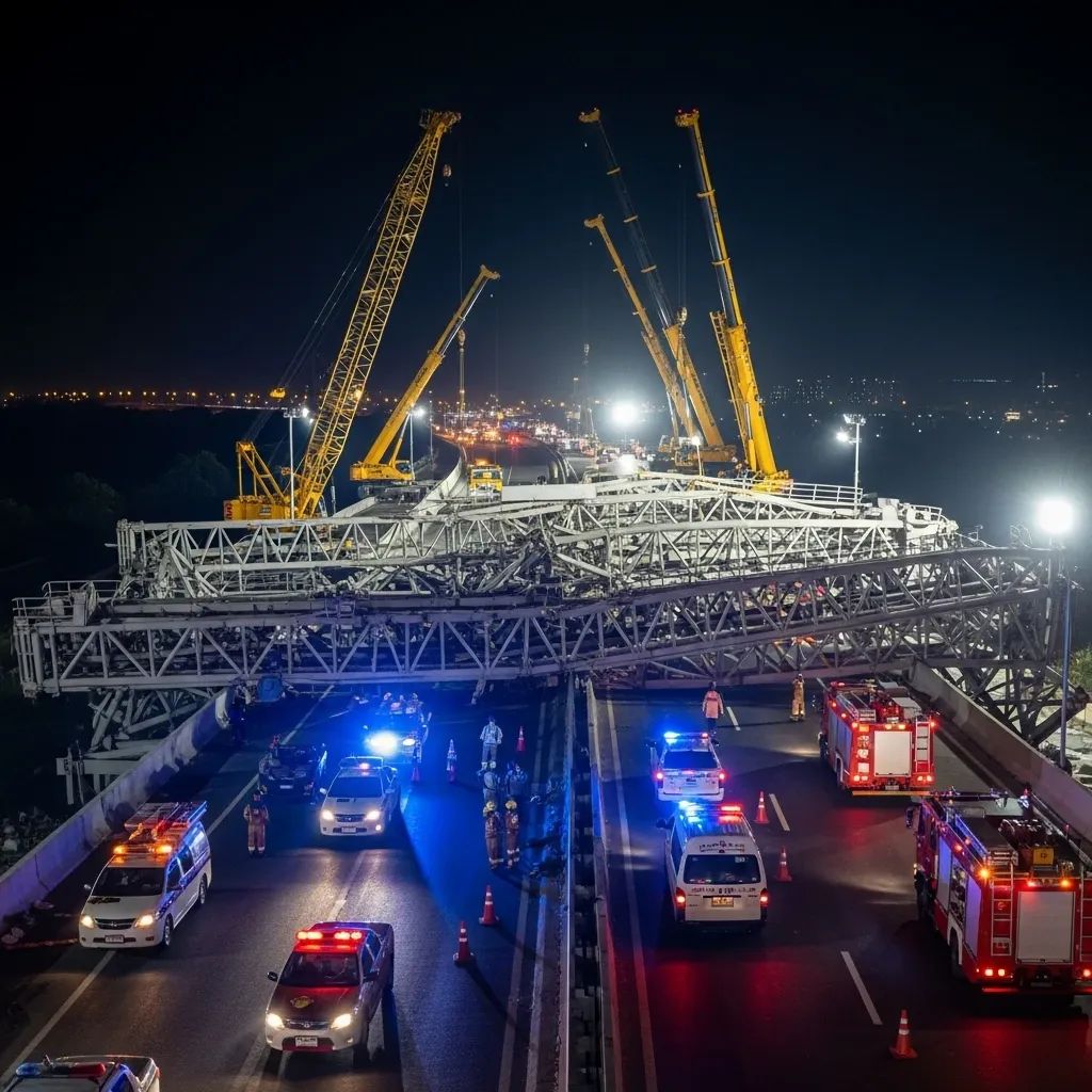 Collapsed crane lying across elevated Rama II highway with recovery cranes and emergency vehicles